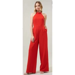 Sugar Lips Bright Red After Hours Backless‎ Halter Jumpsuit with Pockets Size XL